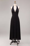 Chiffon zwarte A-lijn halter hals geplooide maxi formele jurk