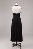 Chiffon zwarte A-lijn halter hals geplooide maxi formele jurk