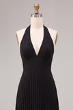 Chiffon zwarte A-lijn halter hals geplooide maxi formele jurk