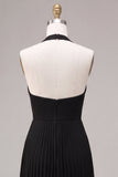 Chiffon zwarte A-lijn halter hals geplooide maxi formele jurk