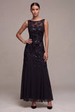 A-lijn chiffon zwarte pailletten bateau hals Maxi formele jurk