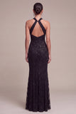 Zeemeermin Zwarte Pailletten Halter Neck Kant Maxi Formele Jurk
