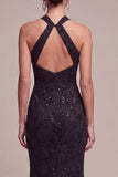 Zeemeermin Zwarte Pailletten Halter Neck Kant Maxi Formele Jurk