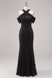 Zeemeermin Zwarte Pailletten Halter Neck Kant Maxi Formele Jurk