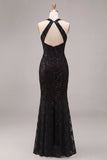 Zeemeermin Zwarte Pailletten Halter Neck Kant Maxi Formele Jurk