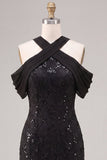 Zeemeermin Zwarte Pailletten Halter Neck Kant Maxi Formele Jurk