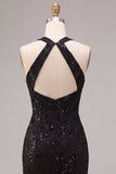 Zeemeermin Zwarte Pailletten Halter Neck Kant Maxi Formele Jurk