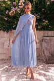 Blauwe A-lijn Chiffon V-hals mouwloze midijurk met cape