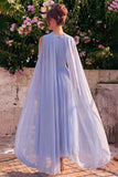 Blauwe A-lijn Chiffon V-hals mouwloze midijurk met cape