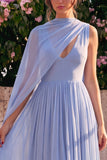 Blauwe A-lijn Chiffon V-hals mouwloze midijurk met cape