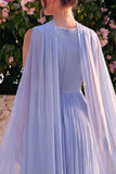 Blauwe A-lijn Chiffon V-hals mouwloze midijurk met cape