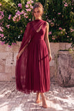 Blauwe A-lijn Chiffon V-hals mouwloze midijurk met cape