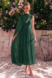 Blauwe A-lijn Chiffon V-hals mouwloze midijurk met cape