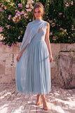 Blauwe A-lijn Chiffon V-hals mouwloze midijurk met cape