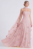 Narcissen strapless A-lijn chiffon lange bruidsmeisjesjurk met 3D bloemen