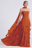 Narcissen strapless A-lijn chiffon lange bruidsmeisjesjurk met 3D bloemen