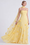 Narcissen strapless A-lijn chiffon lange bruidsmeisjesjurk met 3D bloemen