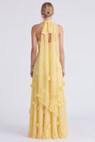 Narcissen strapless A-lijn chiffon lange bruidsmeisjesjurk met 3D bloemen