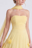 Narcissen strapless A-lijn chiffon lange bruidsmeisjesjurk met 3D bloemen
