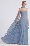 Narcissen strapless A-lijn chiffon lange bruidsmeisjesjurk met 3D bloemen