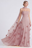 Narcissen strapless A-lijn chiffon lange bruidsmeisjesjurk met 3D bloemen