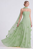 Narcissen strapless A-lijn chiffon lange bruidsmeisjesjurk met 3D bloemen