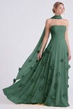 Narcissen strapless A-lijn chiffon lange bruidsmeisjesjurk met 3D bloemen