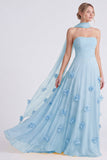 Narcissen strapless A-lijn chiffon lange bruidsmeisjesjurk met 3D bloemen