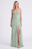 Stoffige salie strapless korset zeemeermin Chiffon gerimpelde bloemenjurk met lange bruidsmeisjesjurk met split