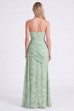 Stoffige salie strapless korset zeemeermin Chiffon gerimpelde bloemenjurk met lange bruidsmeisjesjurk met split