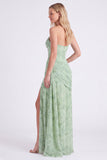 Stoffige salie strapless korset zeemeermin Chiffon gerimpelde bloemenjurk met lange bruidsmeisjesjurk met split