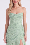 Stoffige salie strapless korset zeemeermin Chiffon gerimpelde bloemenjurk met lange bruidsmeisjesjurk met split