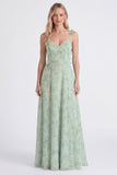 A-Line salie Chiffon bloemen spaghetti bandjes lange bruidsmeisjesjurk