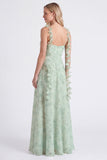 A-Line salie Chiffon bloemen spaghetti bandjes lange bruidsmeisjesjurk