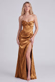Strapless salie bloemenkorset Zeemeermin gerimpelde lange bruidsmeisjesjurk met split