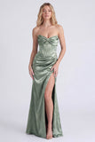Strapless salie bloemenkorset Zeemeermin gerimpelde lange bruidsmeisjesjurk met split