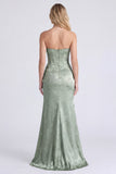 Strapless salie bloemenkorset Zeemeermin gerimpelde lange bruidsmeisjesjurk met split