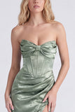 Strapless salie bloemenkorset Zeemeermin gerimpelde lange bruidsmeisjesjurk met split