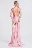 Roze halter hals satijn zeemeermin lange bruidsmeisjesjurk