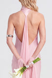 Roze halter hals satijn zeemeermin lange bruidsmeisjesjurk