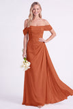 Narcis Off-the-shoulder Chiffon gerimpelde lange bruidsmeisjesjurk