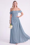 Narcis Off-the-shoulder Chiffon gerimpelde lange bruidsmeisjesjurk
