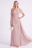 Narcis Off-the-shoulder Chiffon gerimpelde lange bruidsmeisjesjurk