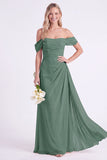 Narcis Off-the-shoulder Chiffon gerimpelde lange bruidsmeisjesjurk