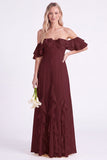 Off-the-shoulder narcissen Chiffon met gerimpelde lange bruidsmeisjesjurk
