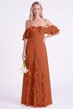 Off-the-shoulder narcissen Chiffon met gerimpelde lange bruidsmeisjesjurk