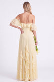 Off-the-shoulder narcissen Chiffon met gerimpelde lange bruidsmeisjesjurk