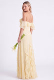 Off-the-shoulder narcissen Chiffon met gerimpelde lange bruidsmeisjesjurk