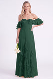 Off-the-shoulder narcissen Chiffon met gerimpelde lange bruidsmeisjesjurk