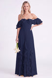 Off-the-shoulder narcissen Chiffon met gerimpelde lange bruidsmeisjesjurk